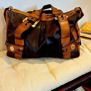 Rare Vintage Michael Kors 100% Leather Shoulder Bag Gold Buckles DbL Zip BiG